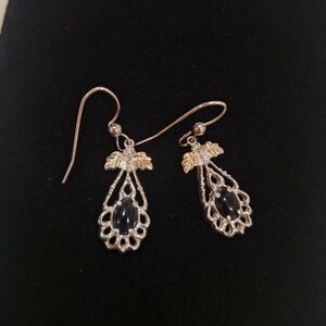 C.C. Co Sterling Silver Black Hills Gold Onyx Drop Earrings 12k Gold Leaves